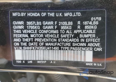 2019 Honda Civic Lx from USA, damaged, VIN SHHFK7H35KU411490